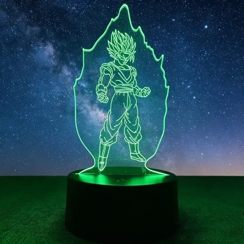 Green-lit 3d led desk lamp featuring a glowing goku outline in a flame frame from dragon ball z goku vegeta collection