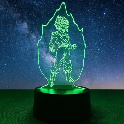 Green-lit 3d led desk lamp featuring a glowing goku outline in a flame frame from dragon ball z goku vegeta collection