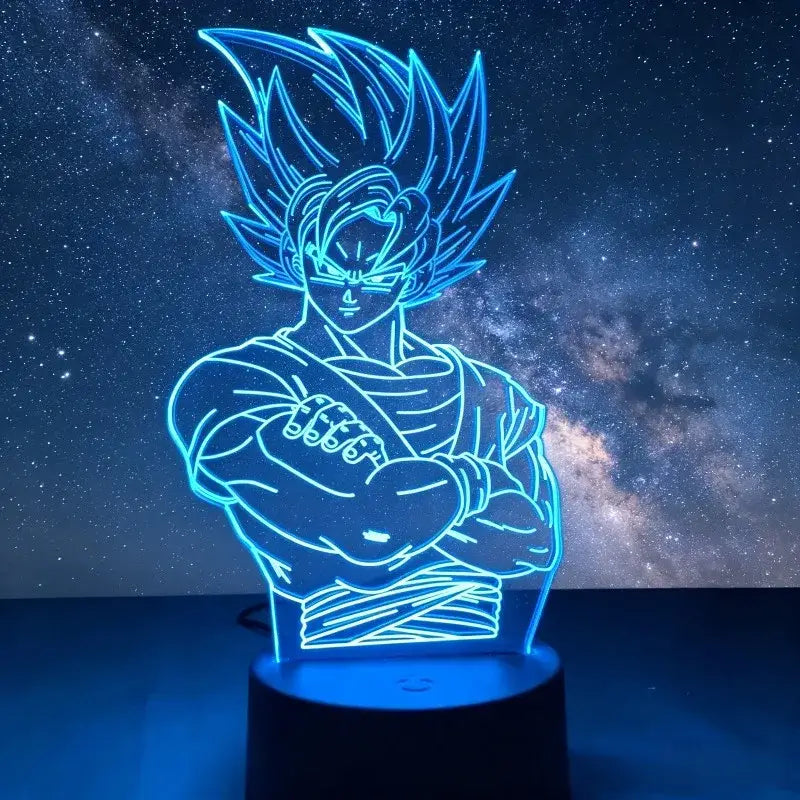 Blue-lit 3d led desk lamp featuring a stylized goku character with spiky hair and crossed arms from dragon ball z goku vegeta