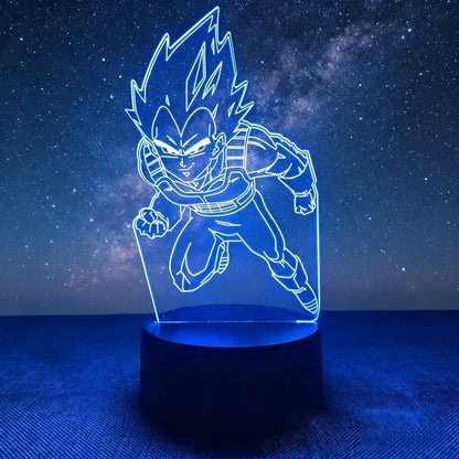 Blue-lit 3d led desk lamp featuring dragon ball z goku vegeta in dynamic action pose for anime fans
