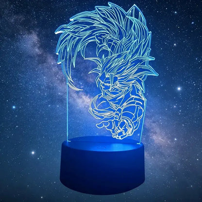 Blue illuminated 3d led desk lamp featuring a glowing dragon ball goku vegeta outline in super saiyan form