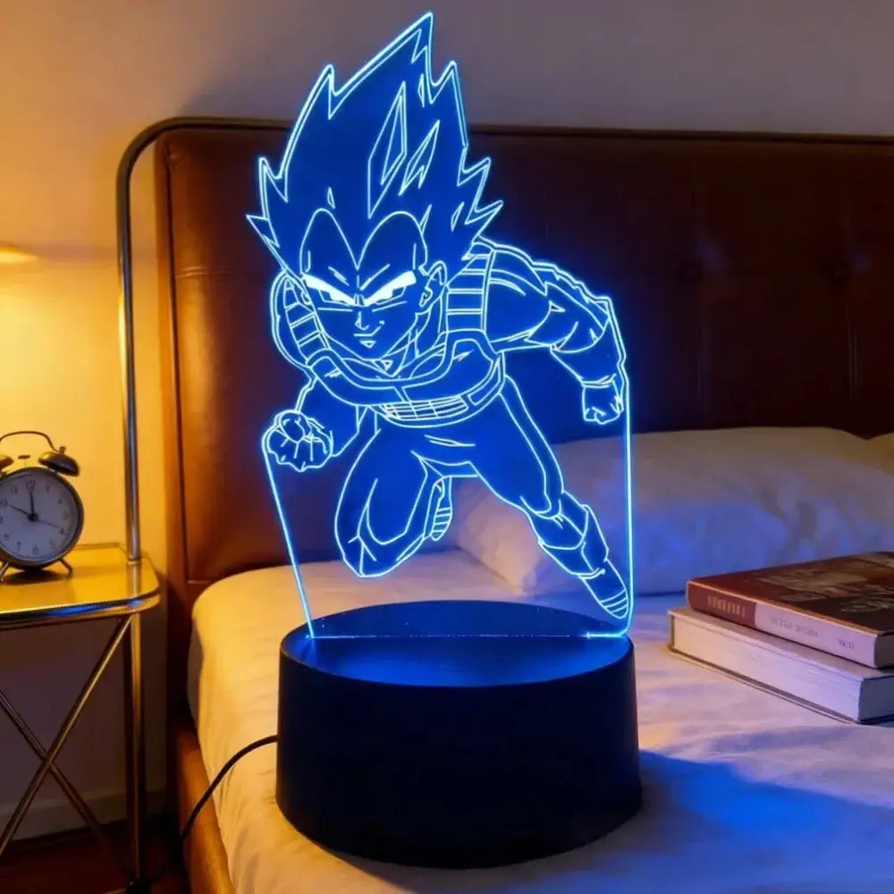 Blue glowing 3d led desk lamp featuring vegeta from dragon ball z in a dynamic pose for goku vegeta fans