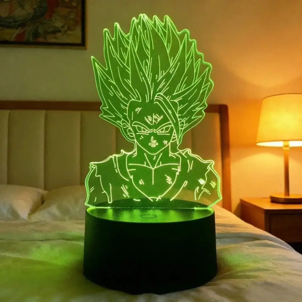 Green glowing 3d led desk lamp featuring a detailed outline of goku super saiyan from dragon ball z goku vegeta series