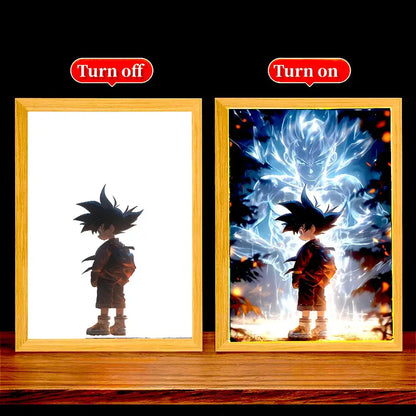 Wooden-framed led photo frame featuring young goku silhouette with blue light painting aura from dragon ball z moon light