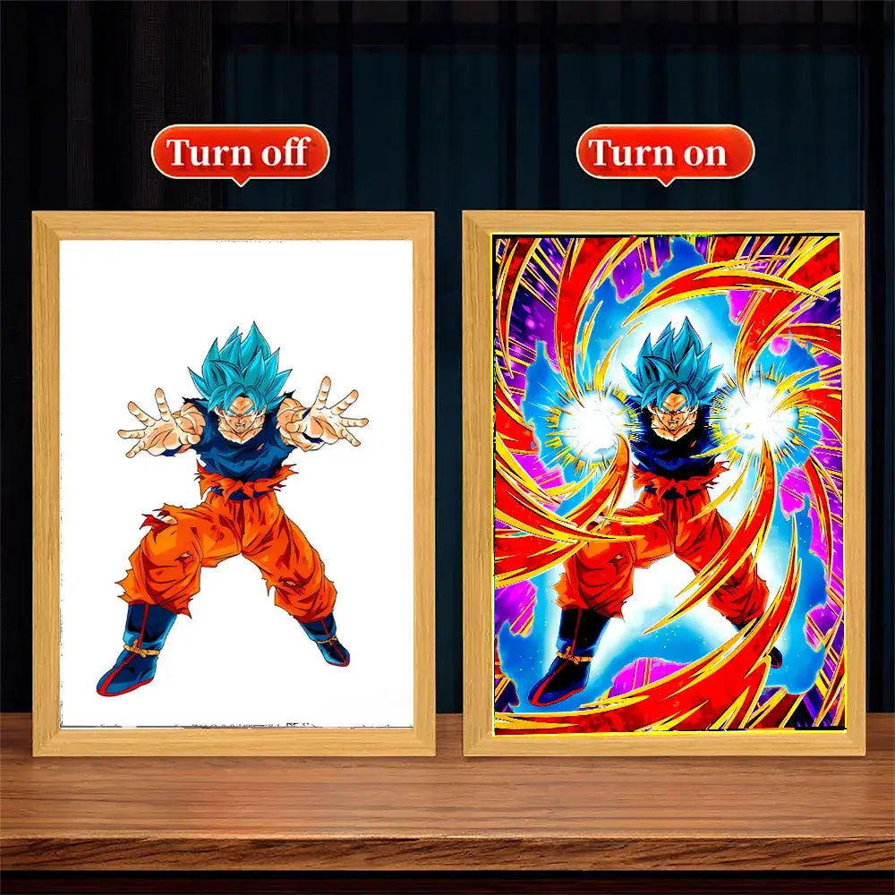 Two framed dragon ball z goku prints featuring blue hair static pose and action scene with vibrant light painting effects