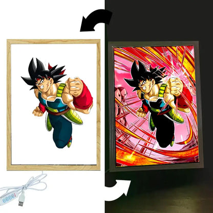 Led-lit dragon ball z goku vegeta photo frame with vibrant red and orange light painting energy effects on dark background