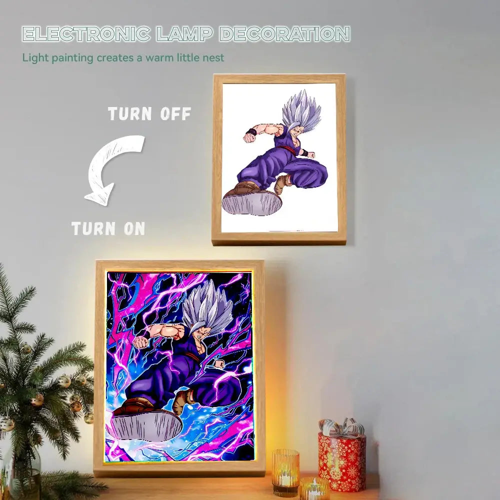 The dragon ball z goku vegeta led photo frame features an electric blue and purple light painting of super saiyan goku