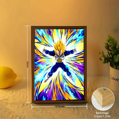 A framed dragon ball z goku vegeta led photo frame featuring colorful light painting of vegeta in super saiyan form