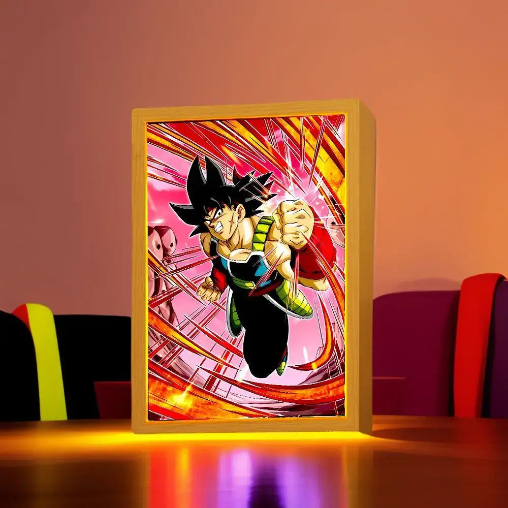 Rectangular wooden-framed dragon ball z goku vegeta led photo frame with vibrant light painting illustration