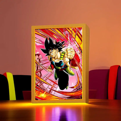 Rectangular wooden-framed dragon ball z goku vegeta led photo frame with vibrant light painting illustration