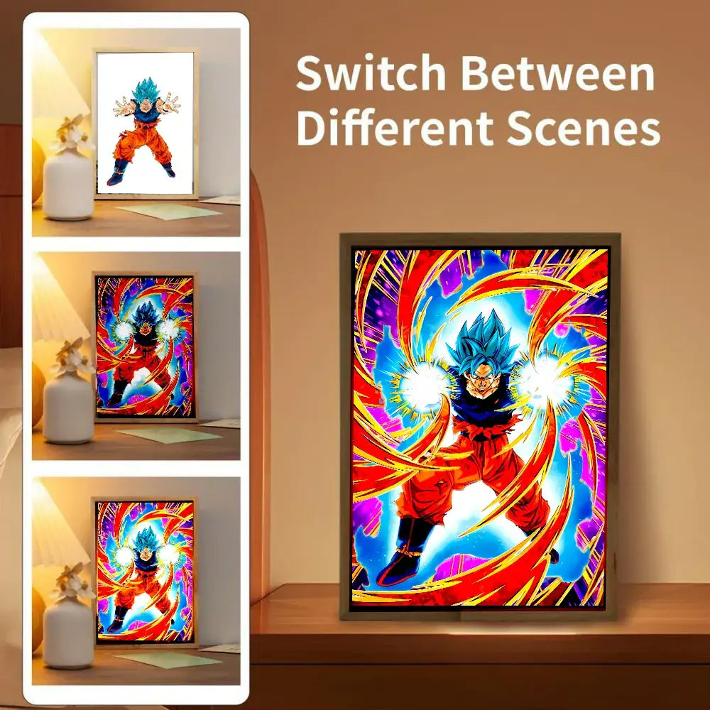 A vibrant dragon ball z goku vegeta led photo frame with blue super saiyan goku and colorful light painting effects
