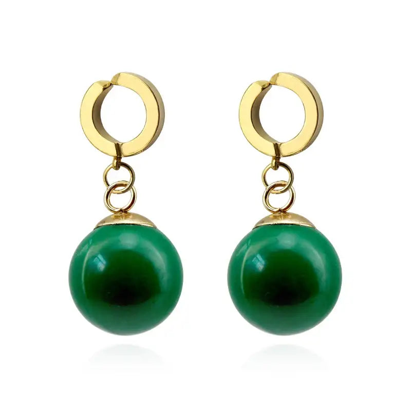 Gold hoop ball z potara earrings with dangling emerald green jade beads cosplay accessory for dragon ball fans
