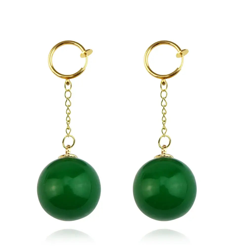 Golden hoop ball z potara earrings with dangling green jade spheres on delicate chains cosplay accessory