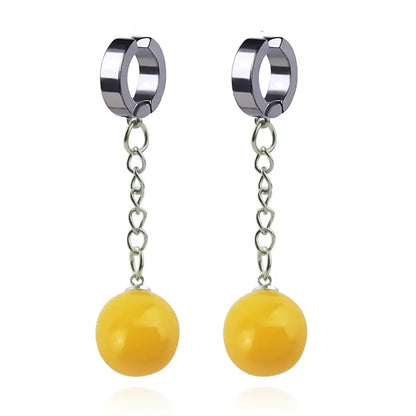 Silver hoop ball z potara earrings with delicate chain and vibrant yellow beads for dragon ball cosplay accessory