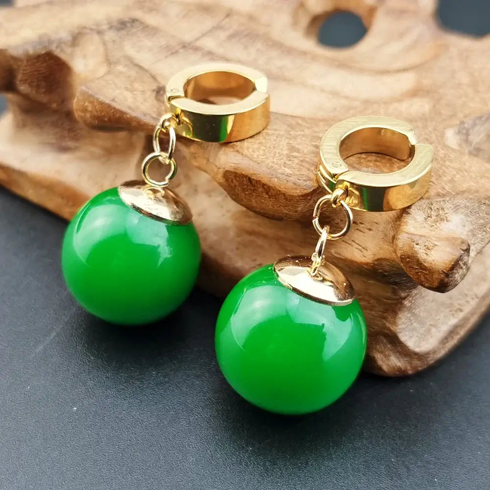 Vibrant green jade dragon ball z potara earrings with polished gold-tone clasps and chains cosplay accessory
