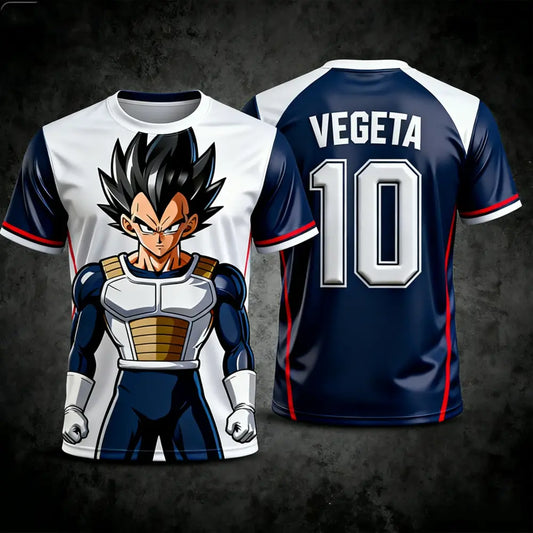 White and navy blue Dragon Ball Z Vegeta football jersey with full-body print and number 10 on the back