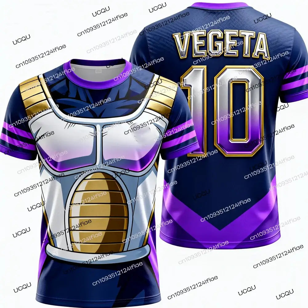 Back of navy blue and purple ball z vegeta football jersey with gold-trimmed vegeta 10 on short sleeve design