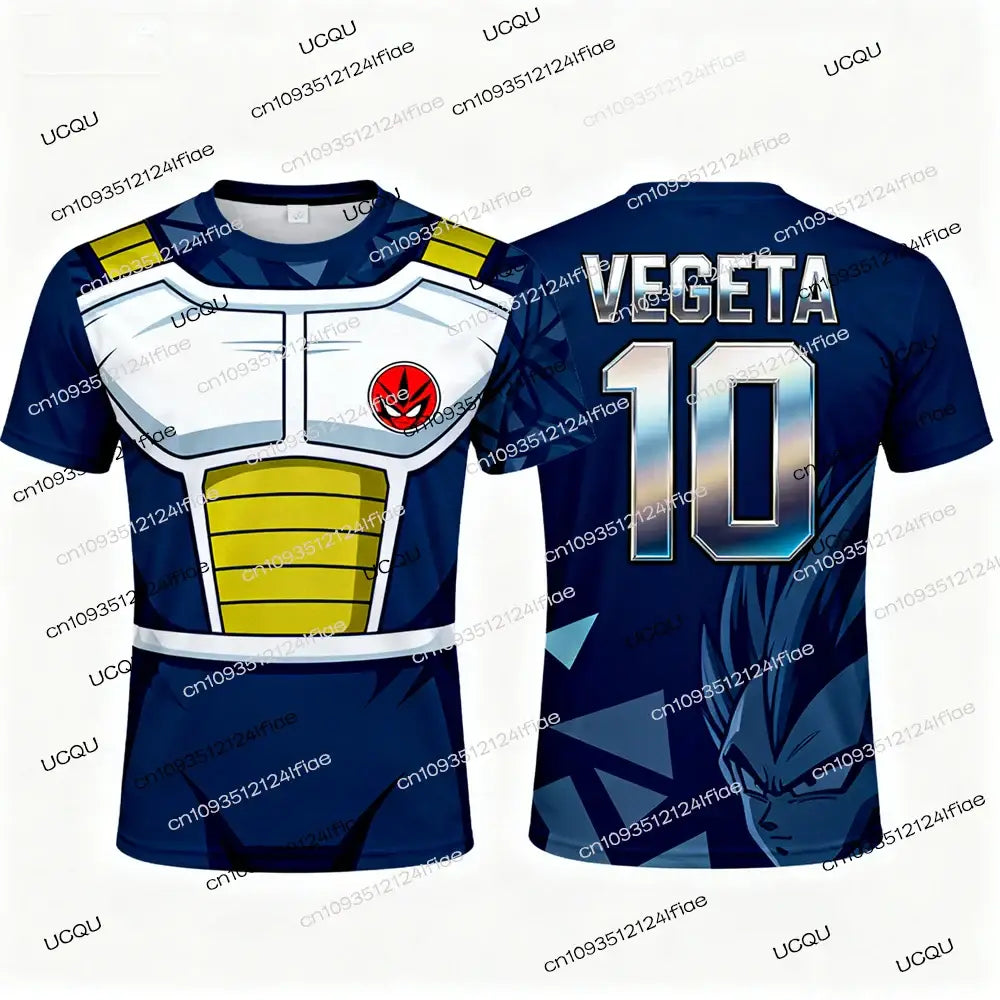 Navy blue short-sleeve dragon ball z vegeta football jersey with white yellow armor design and metallic silver vegeta 10 on back