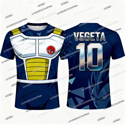 Navy blue short-sleeve dragon ball z vegeta football jersey with white yellow armor design and metallic silver vegeta 10 on back