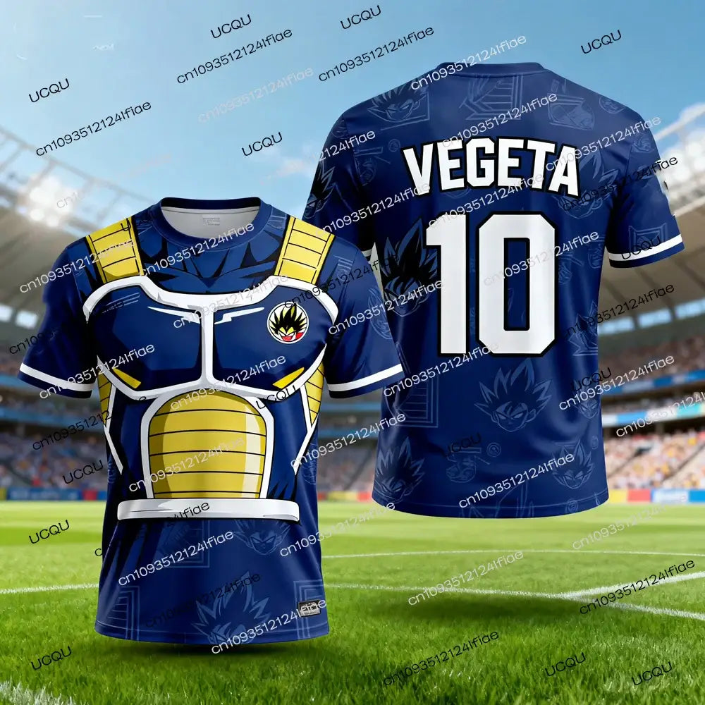 Blue and yellow ball z vegeta football jersey with white trim and detailed saiyan armor design on front short sleeve