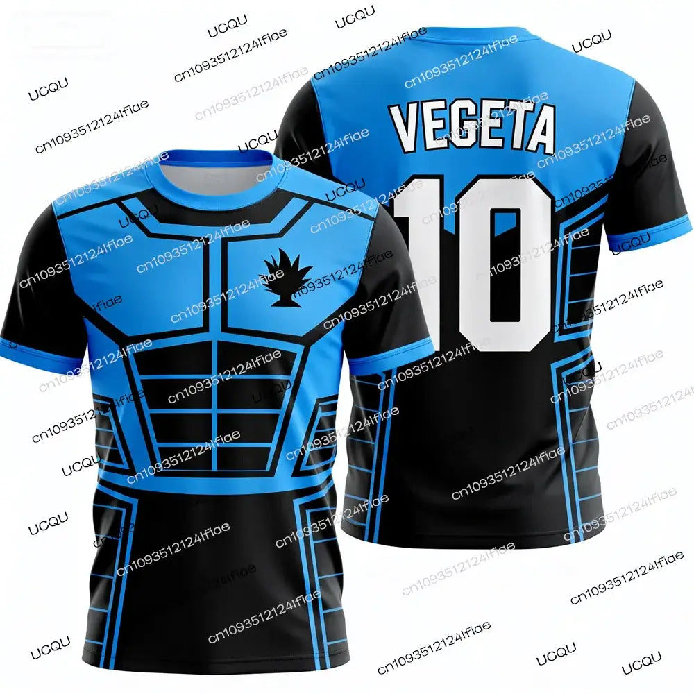 Blue and black ball z vegeta football jersey with white number 10 on back inspired by vegeta design