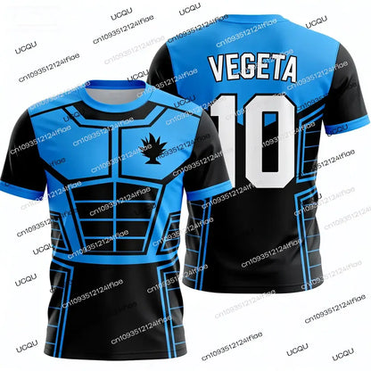 Blue and black ball z vegeta football jersey with white number 10 on back inspired by vegeta design