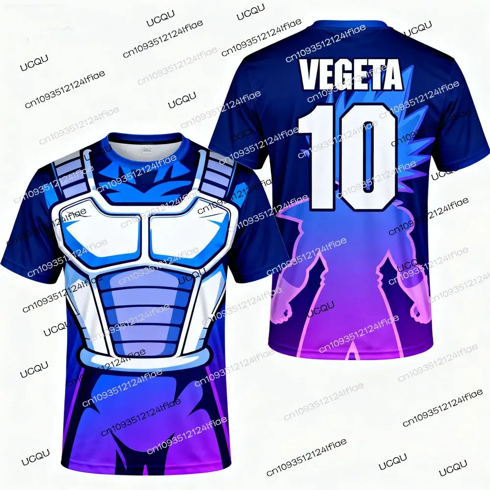 Blue and purple gradient short sleeve football jersey with 3d printed ball z vegeta in iconic armor design