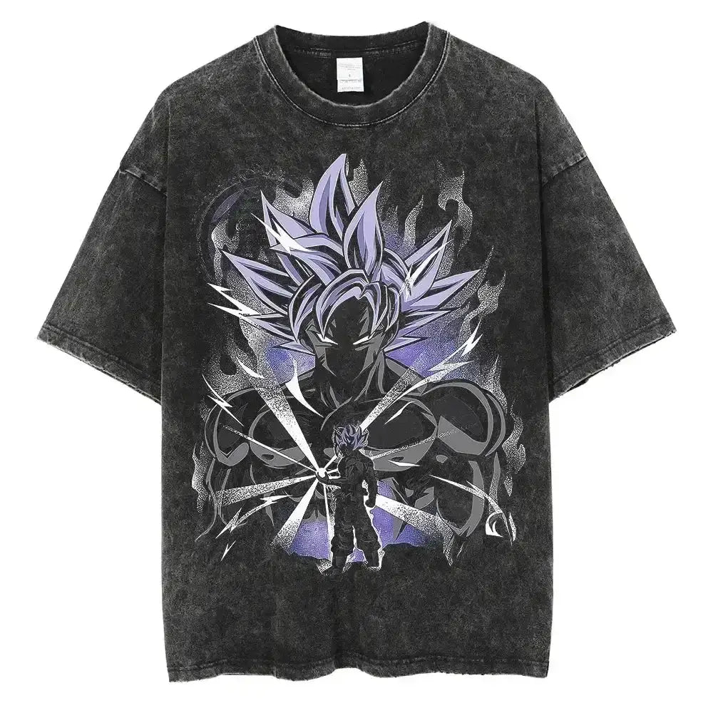 Black distressed cotton vintage wash t-shirt featuring dragon ball z vegeta graphic in super saiyan blue form