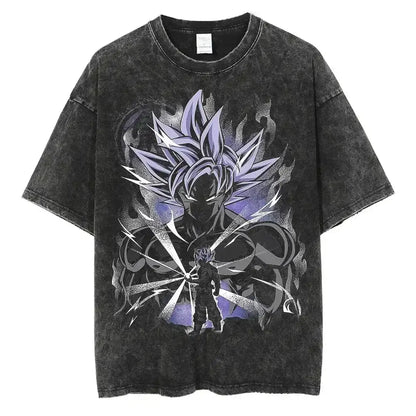 Black distressed cotton vintage wash t-shirt featuring dragon ball z vegeta graphic in super saiyan blue form