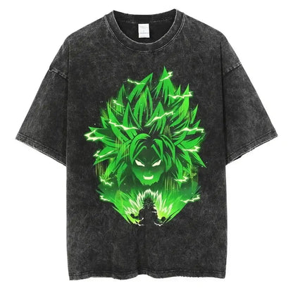 Black distressed cotton t-shirt with vintage wash featuring vibrant green super saiyan goku graphic and lightning effects from dragon ball z vegeta collection