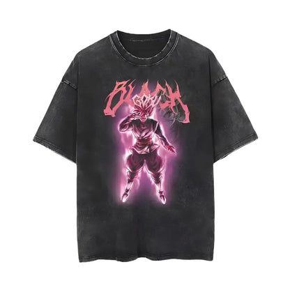 Black distressed t-shirt with vintage wash featuring vibrant pink and purple dragon ball goku super saiyan blue graphic