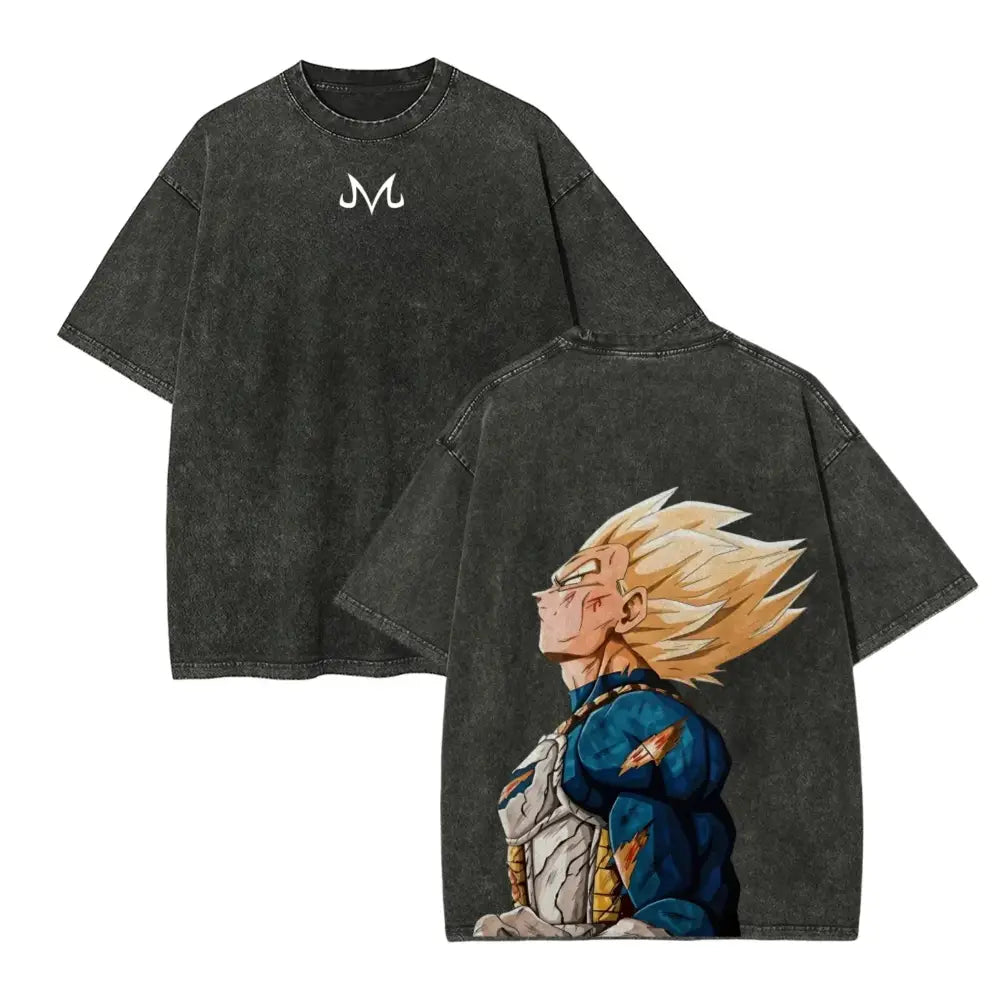 Black distressed cotton vintage wash t-shirt featuring a super saiyan ball z vegeta graphic on back and white m logo front