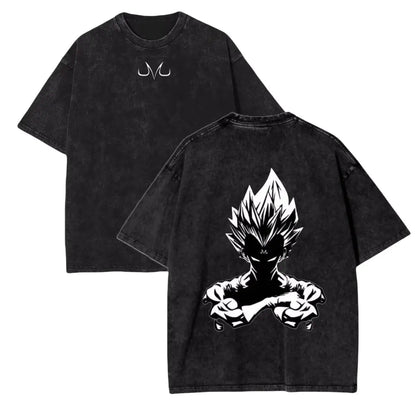Black distressed cotton vintage wash t-shirt with white super saiyan goku graphic on back and jm logo on chest ball z vegeta