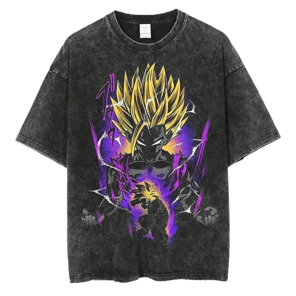Black distressed cotton t-shirt with vintage wash featuring vibrant ball z vegeta graphic in super saiyan form
