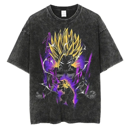 Black distressed cotton t-shirt with vintage wash featuring vibrant ball z vegeta graphic in super saiyan form