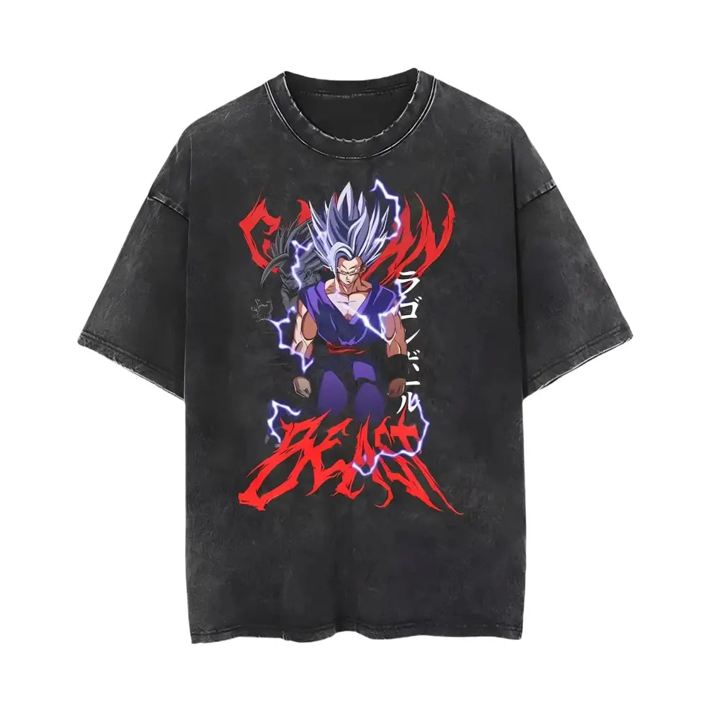 Black distressed cotton vintage wash t-shirt featuring super saiyan blue goku with red and blue lightning and japanese text for dragon ball z vegeta fans
