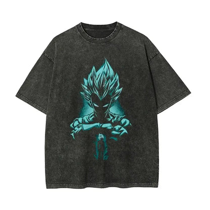 Black distressed cotton t-shirt with vintage wash featuring a vibrant teal ball z vegeta graphic from dragon ball