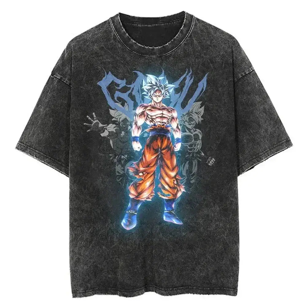 Black distressed cotton vintage wash t-shirt featuring vibrant dragon ball goku super saiyan blue graphic