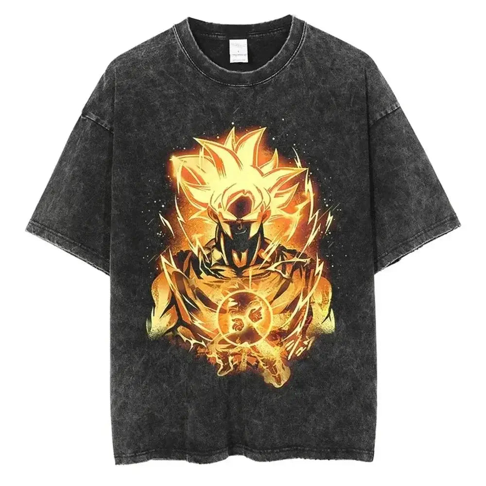 Black distressed cotton t-shirt with vintage wash featuring vibrant orange and yellow goku in super saiyan form ball z vegeta design