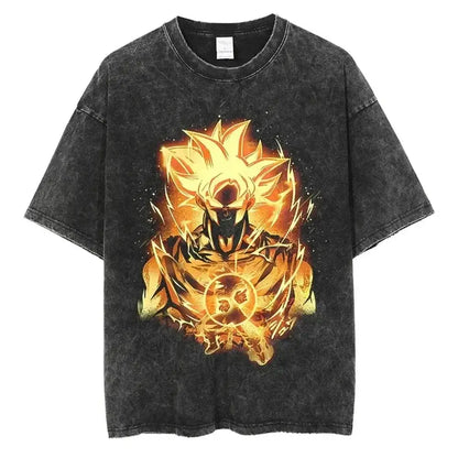 Black distressed cotton t-shirt with vintage wash featuring vibrant orange and yellow goku in super saiyan form ball z vegeta design