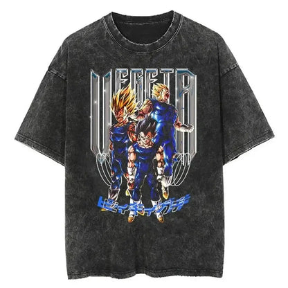 Black distressed cotton vintage wash t-shirt featuring vibrant ball z vegeta graphic with metallic silver lettering