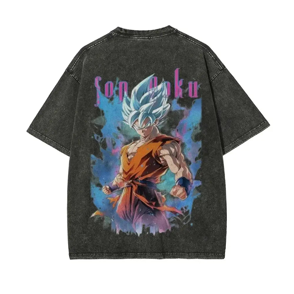 Black distressed denim t-shirt featuring vibrant goku super saiyan blue graphic with vintage wash ball z vegeta design