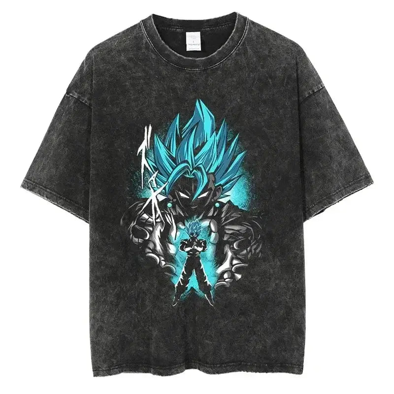 Black distressed cotton t-shirt with vintage wash featuring blue super saiyan goku graphic from dragon ball z vegeta collection