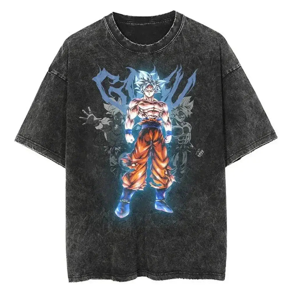 Black distressed cotton vintage wash t-shirt featuring vibrant dragon ball goku super saiyan graphic with blue aura