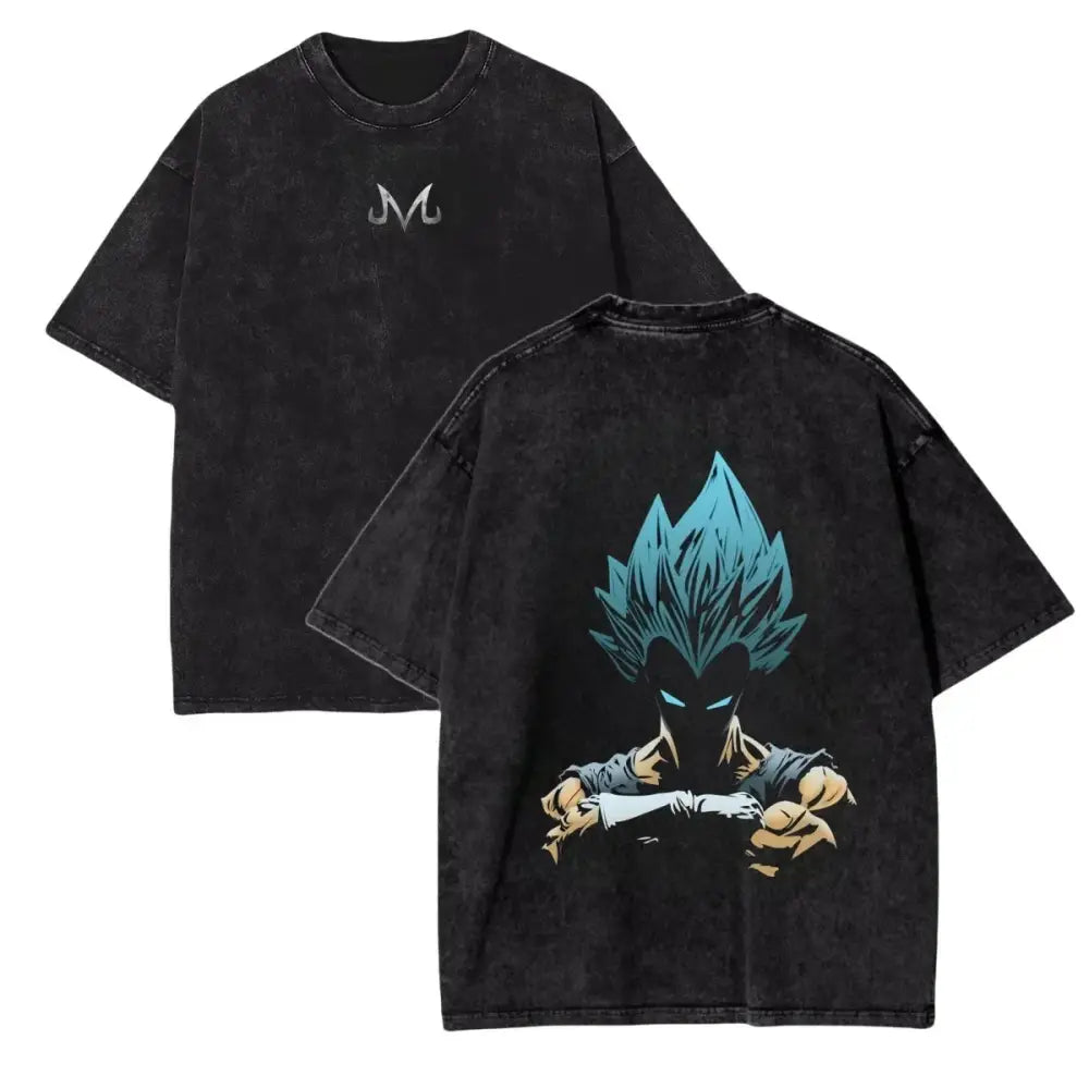 Black distressed cotton t-shirt with vintage wash featuring blue spiky-haired ball z vegeta and white m logo on back