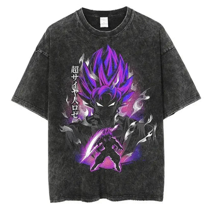 Black distressed cotton vintage wash t-shirt featuring vibrant purple and pink super saiyan blue goku graphic with japanese text ball z vegeta
