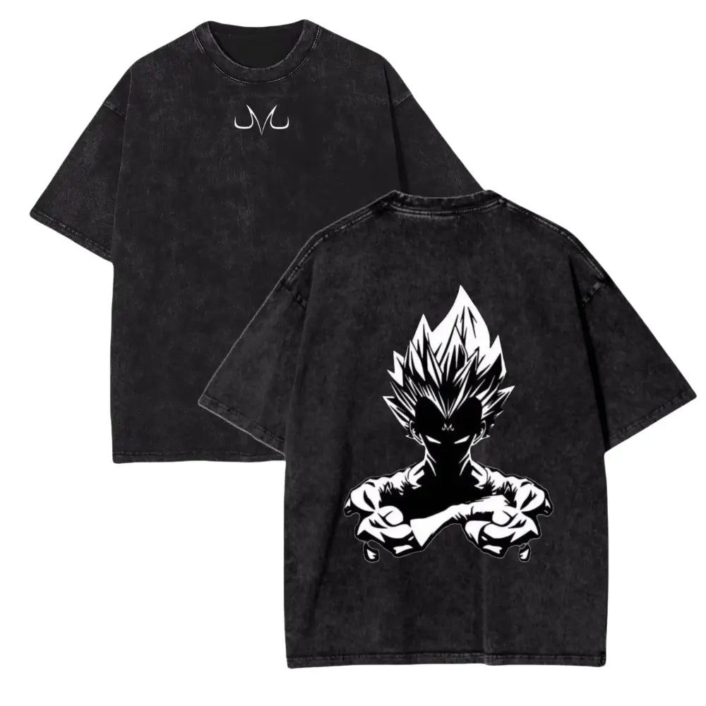 Black distressed cotton t-shirt with white super saiyan goku graphic on back and stylized jm logo on front vintage wash ball z vegeta