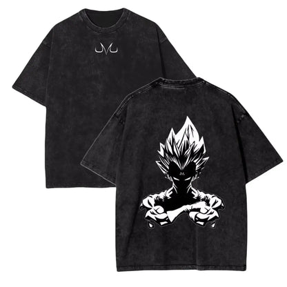 Black distressed cotton t-shirt with white super saiyan goku graphic on back and stylized jm logo on front vintage wash ball z vegeta
