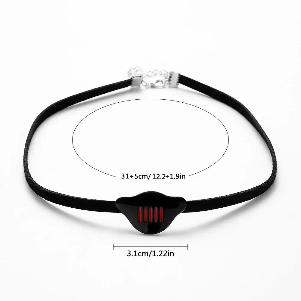 Dragon black choker necklace with glossy teardrop black pendant featuring three red stripes and silver clasp
