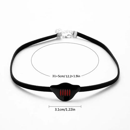 Dragon black choker necklace with glossy teardrop black pendant featuring three red stripes and silver clasp